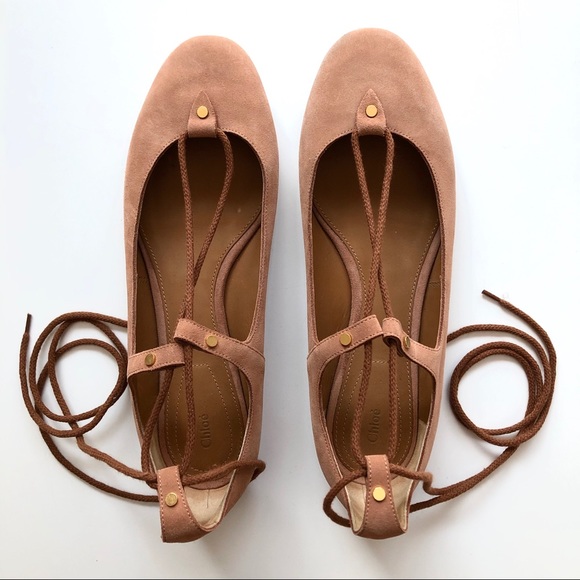 Chloé Brown Leather Suede Ankle Wrap Tie Up Flats - Picture 2 of 8